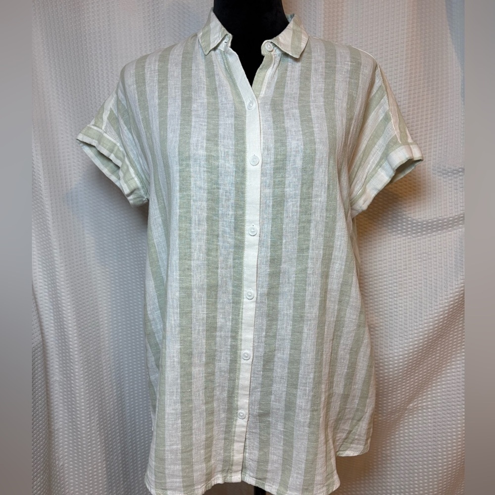 beach lunch lounge striped button-down blouse cuffed sleeves linen cotton S